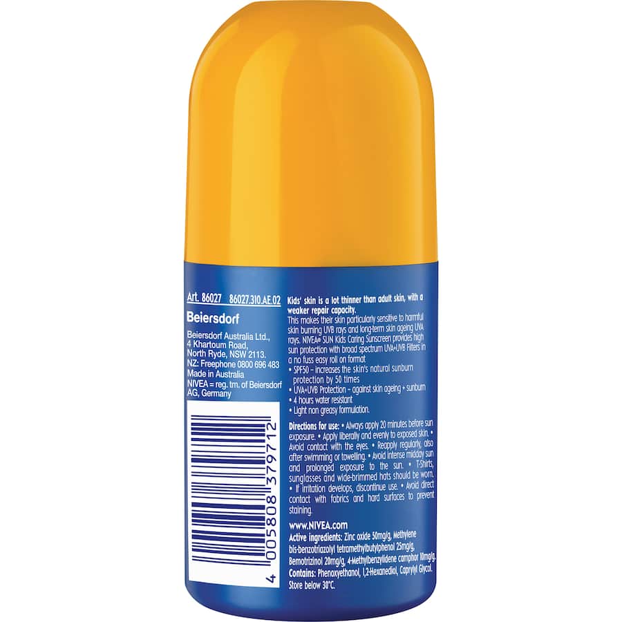 Nivea Sun Kids Sunscreen Roll On SPF50 offers high UV protection with a gentle, natural formula for kids' delicate skin.
