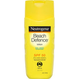 Neutrogena Beach Defense Sunscreen SPF 50+, oil-free, lightweight, offers broad-spectrum UV protection for outdoor activities.