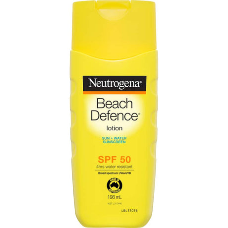 Neutrogena Beach Defense Sunscreen SPF 50+, oil-free, lightweight, offers broad-spectrum UV protection for outdoor activities.