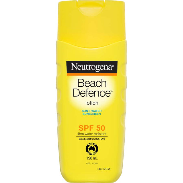 Neutrogena Beach Defense Sunscreen SPF 50+, oil-free, lightweight, offers broad-spectrum UV protection for outdoor activities.