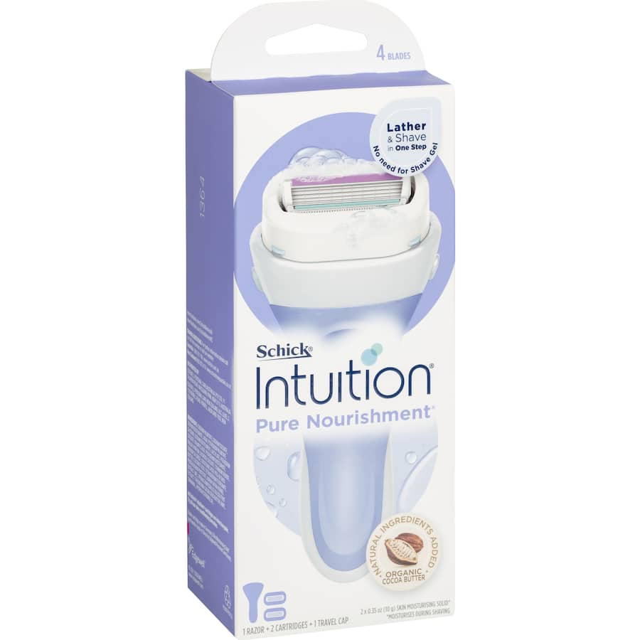 Schick Intuition Razor Kit Pure Nourishment: a 4-blade razor that lathers, shaves, and moisturizes with cocoa butter and almond oil.