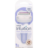 Schick Intuition Razor Kit Pure Nourishment offers a 4-blade pivoting head and moisturizes with cocoa butter and almond oil.