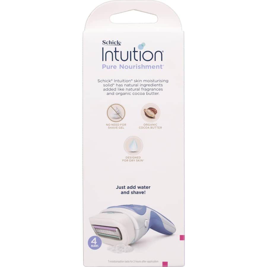 Schick Intuition Razor Kit Pure Nourishment combines shaving and moisturizing with infused cocoa butter and a pivoting head.