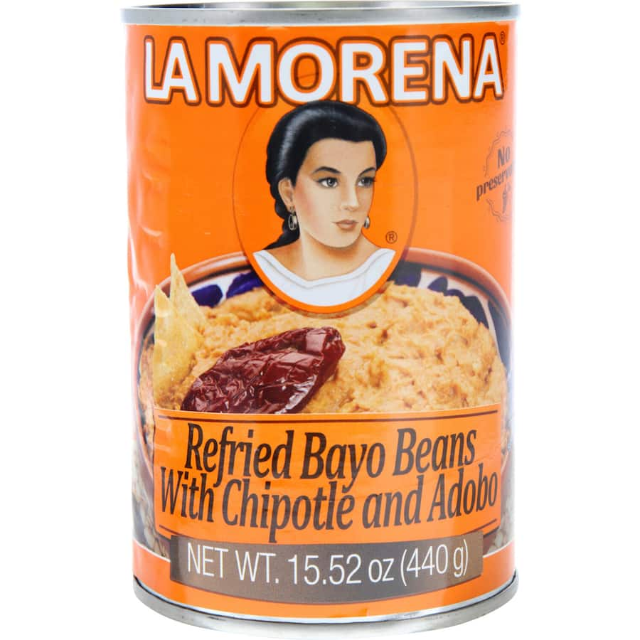 Canned La Morena Mexican Refried Beans Chipotle showcasing pinto beans blended with smoky chipotle for a savory, spicy dish.