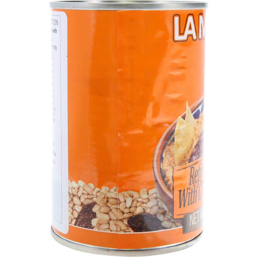 A can of La Morena Mexican Refried Beans Chipotle, featuring creamy pinto beans with smoky chipotle flavor for tasty meals.