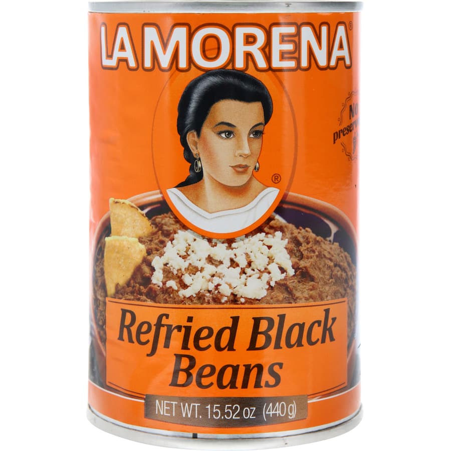 Creamy La Morena black refried beans, expertly seasoned for authentic Mexican flavor in burritos or as a side dish.