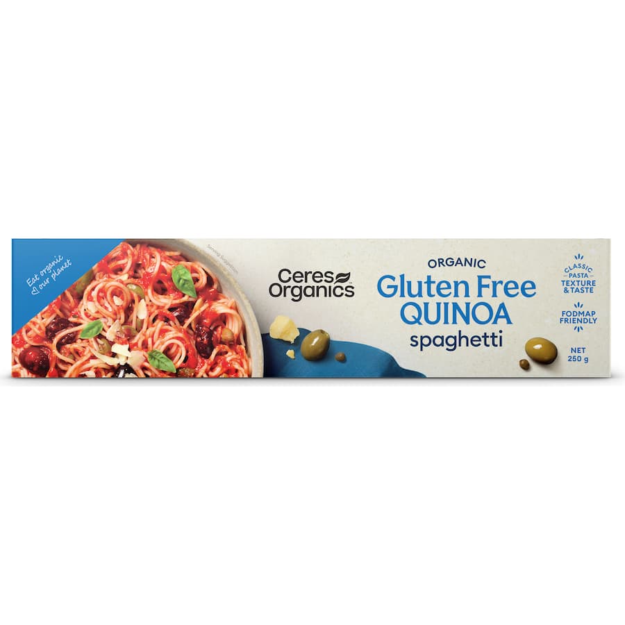 Ceres Organics gluten-free quinoa spaghetti, rich in fiber and protein, perfect for healthy, delicious pasta dishes.