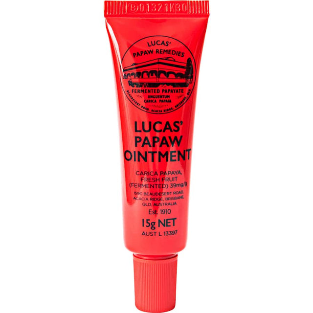 Lucas Lip Balm Papaw Ointment Applicator, a multi-purpose balm for soothing dry skin, sunburn relief, and chapped lips.