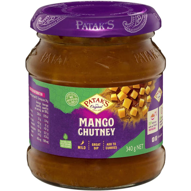 Patak's Chutney Mild Mango, a sweet mango blend with spices, ideal for dips, sandwiches, and eco-friendly packaging.