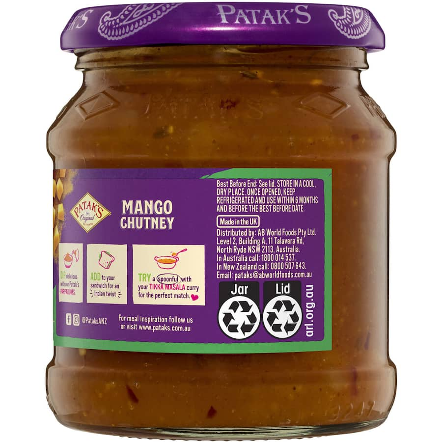 Patak's Chutney Mild Mango: sweet mango chutney with spices, perfect for dipping or enhancing dishes, vegan-friendly and recyclable.