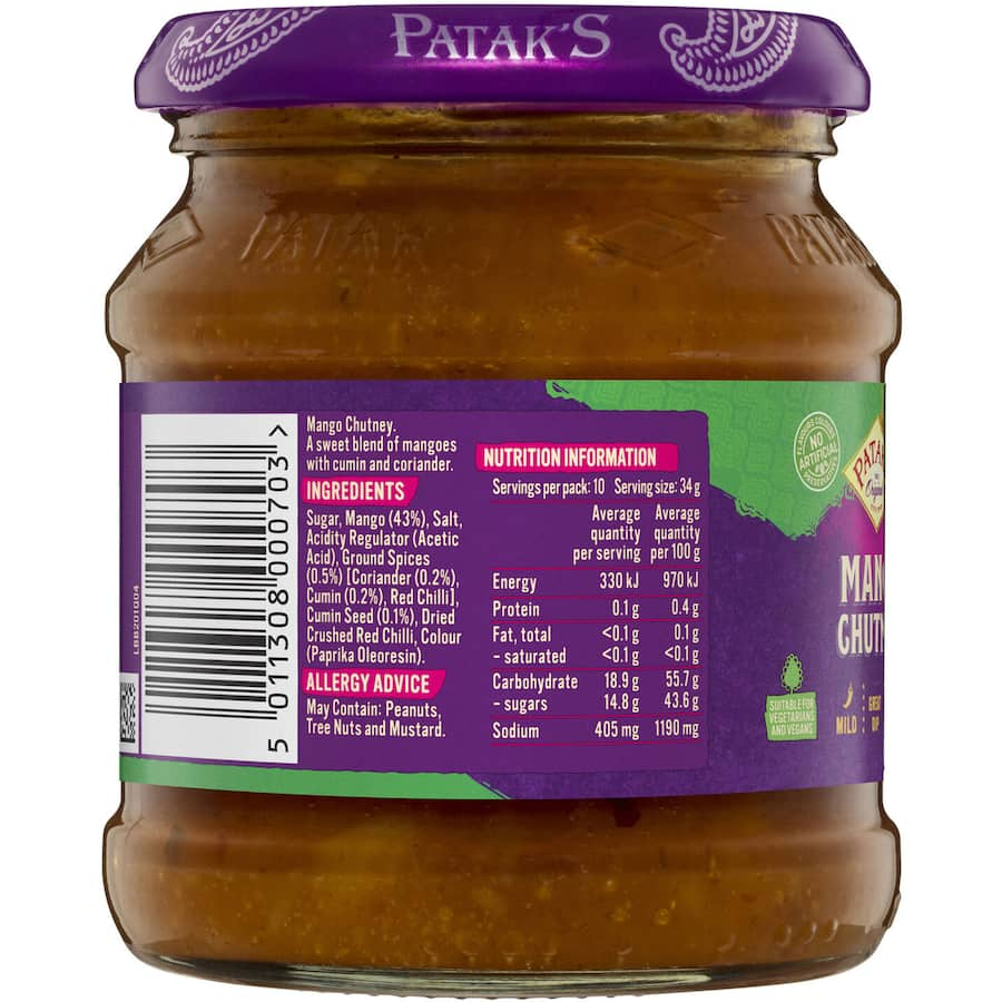 Patak's Chutney Mild Mango jar showcasing sweet mango blend with spices, perfect for dips and enhancing various dishes.