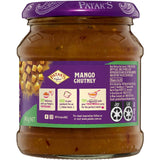 Patak's Chutney Mild Mango: Sweet mango blend with spices, perfect for dipping or adding to dishes; vegan and recyclable jar.