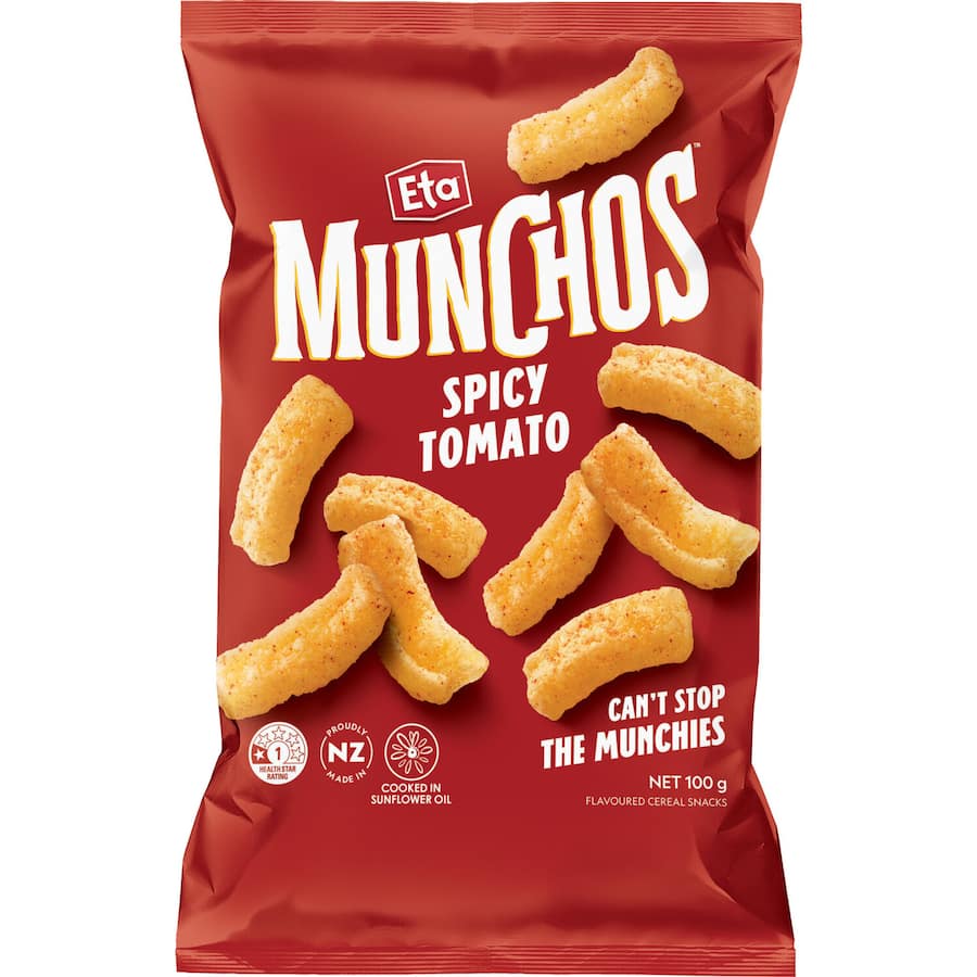 Eta Munchos Corn Snacks Spicy Tomato, featuring a crunchy texture and a zesty, spicy tomato flavor explosion.