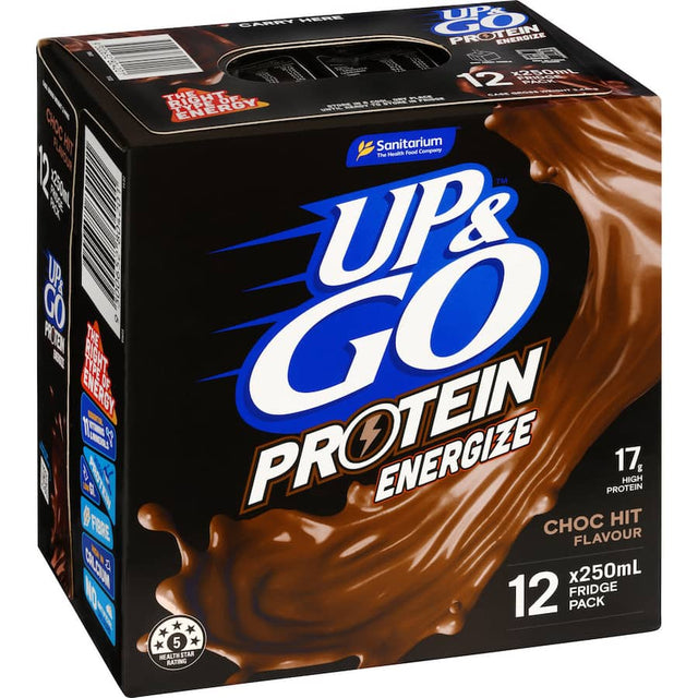 Sanitarium Up & Go Protein Liquid Breakfast Choc Hit Pack, ready-to-drink meal with protein, fiber, and vitamins for busy mornings.