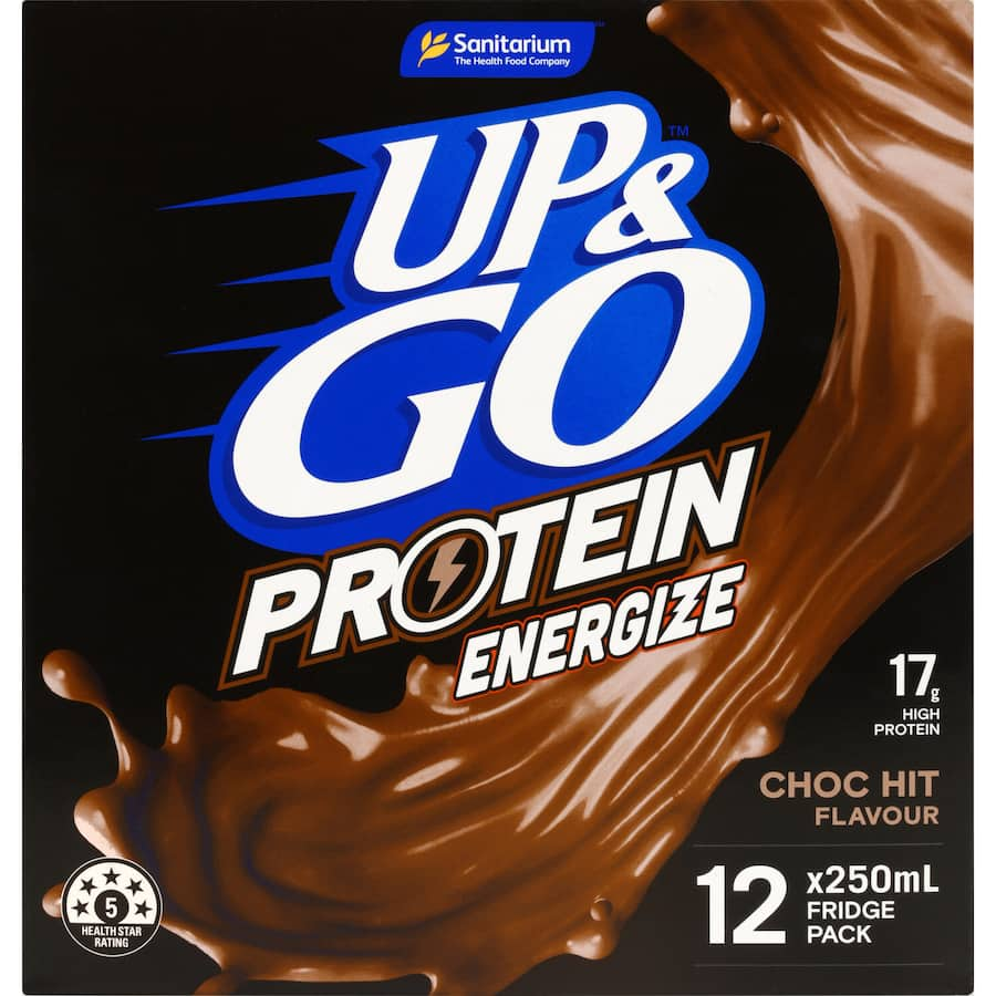 Sanitarium Up & Go Protein Liquid Breakfast Choc Hit, a ready-to-drink meal with high protein, fiber, and essential vitamins.