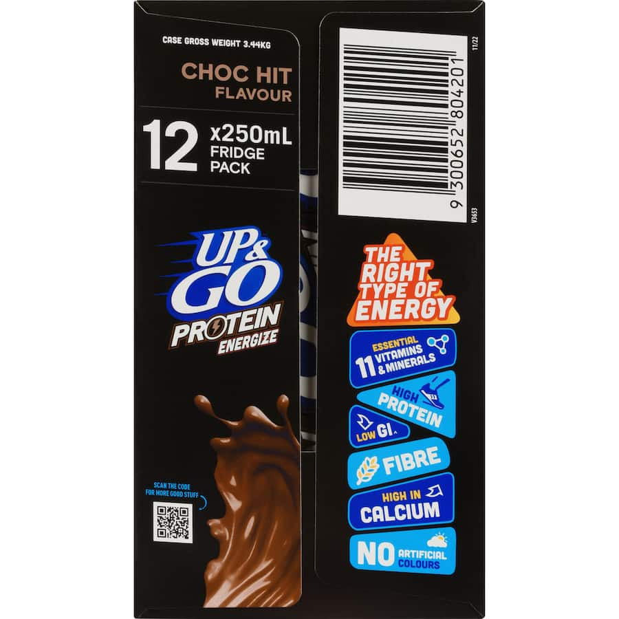 Sanitarium Up & Go Protein Liquid Breakfast Choc Hit Pack, ready-to-drink meal with high protein, fiber, and essential vitamins.