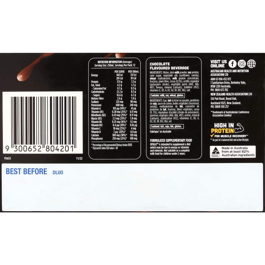 Sanitarium Up & Go Protein Liquid Breakfast Choc Hit Pack for a nutritious, chocolate-flavored meal on-the-go, rich in protein and vitamins.