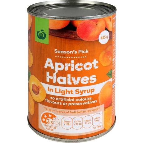 Woolworths Apricot Halves in Light Syrup, sweet and nutritious, perfect for snacks and recipes, packed in a convenient 415g can.