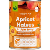 Woolworths Apricot Halves in Light Syrup - succulent apricot halves in sweet syrup, perfect for snacks and desserts.