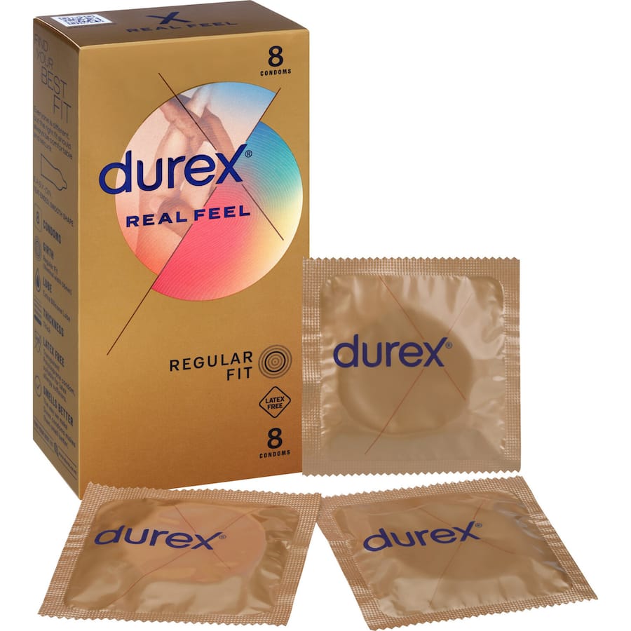 Durex Real Feel condoms offer a natural skin-on-skin sensation, latex-free, 56mm wide, with silicone lube for enhanced pleasure.