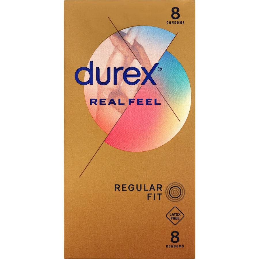 Durex Real Feel Condoms: latex-free, polyisoprene for natural skin sensation, 56mm width, enhanced with silicone lube.