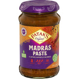 Pataks Madras Paste bottle showcasing a blend of spices for authentic Indian curry cooking.