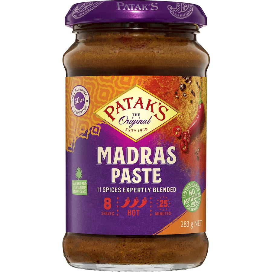 Pataks Madras Paste: aromatic curry paste with spices for authentic Indian dishes, perfect for elevating home cooking.