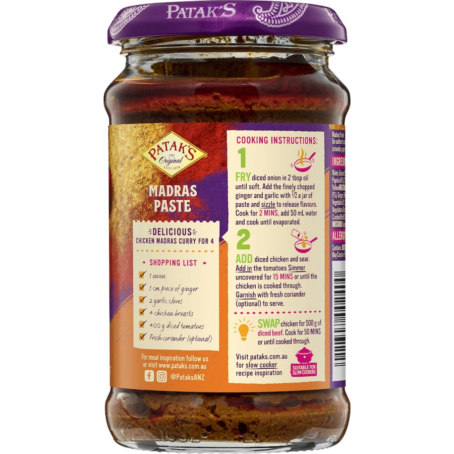 Pataks Madras Paste jar showcasing a blend of spices for authentic Indian curry flavor, perfect for home cooks.