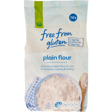 Woolworths gluten-free plain flour 750g, ideal for baking and cooking, free from gluten, soy, and eggs.