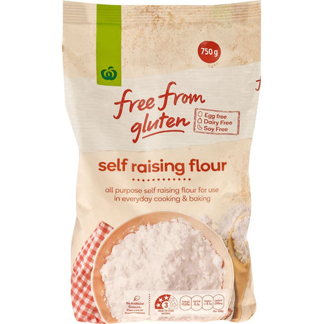 Woolworths Free From Gluten Self Raising Flour 750g, gluten-free flour for cooking and baking, free from allergens and additives.