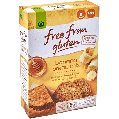 Woolworths gluten-free banana bread mix, dairy-free and enriched with ripe bananas for a moist, delicious loaf.