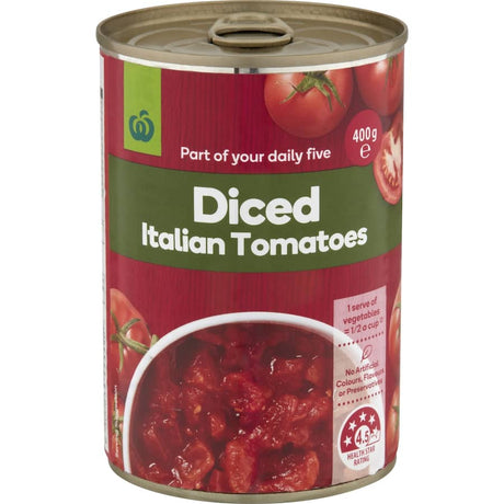 Woolworths Diced Tomatoes Italian, hand-picked and diced for rich flavor, perfect for enhancing pasta sauces and casseroles.