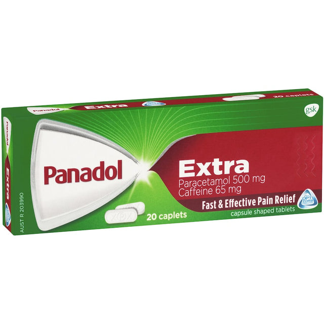 Panadol Extra caplets with 500mg Paracetamol and Caffeine for fast relief of headache, migraine, and muscular pain.