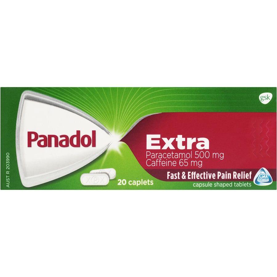 Panadol Extra caplets with Paracetamol and Caffeine for fast relief from tough pain like headaches and muscular aches.