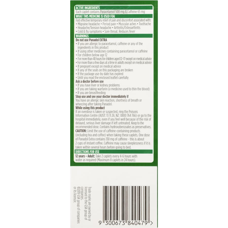 Panadol Extra caplets with 500mg Paracetamol and Caffeine for fast relief of tough pain like headaches and muscular aches.