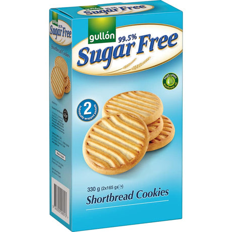 Gullon Sugar Free Shortbread cookies in two wrapped packets, offering rich buttery flavor without sugar for guilt-free snacking.