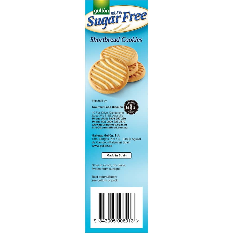 Gullon Sugar Free Shortbread cookies in two packets, offering rich buttery flavor without sugar, ideal for health-conscious snacks.