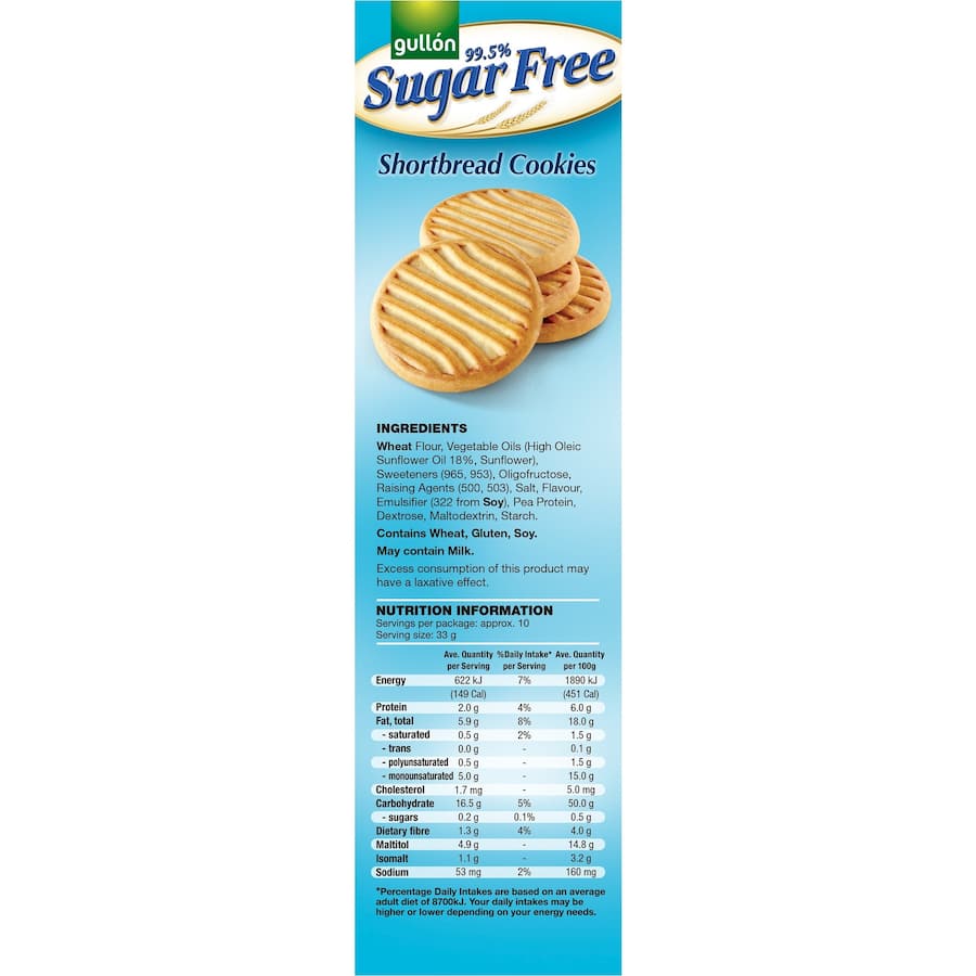 Gullon Sugar Free Shortbread cookies, delicious and buttery, perfect for sugar-conscious snackers in convenient wrapped packets.