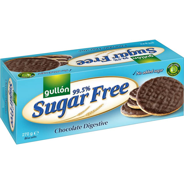 Gullon Sugar Free Chocolate Digestives: whole wheat biscuits coated in rich sugar-free dark chocolate, perfect for guilt-free snacking.