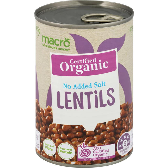 Macro Organic Lentils No Added Salt, rich in fiber, ideal for nutritious soups, stews, and salads without added salt.