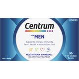 Centrum Men Daily Multivitamin Supplement bottle, promoting men's health with vitamins for energy, muscle support, and heart wellness.