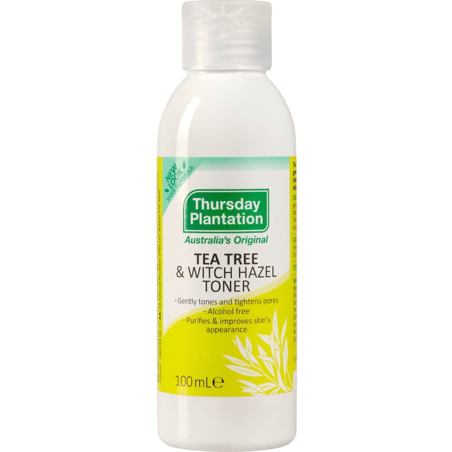 Thursday Plantation Tea Tree & Witch Hazel Toner bottle, showcasing its alcohol-free, vegan formula for refreshing skincare.