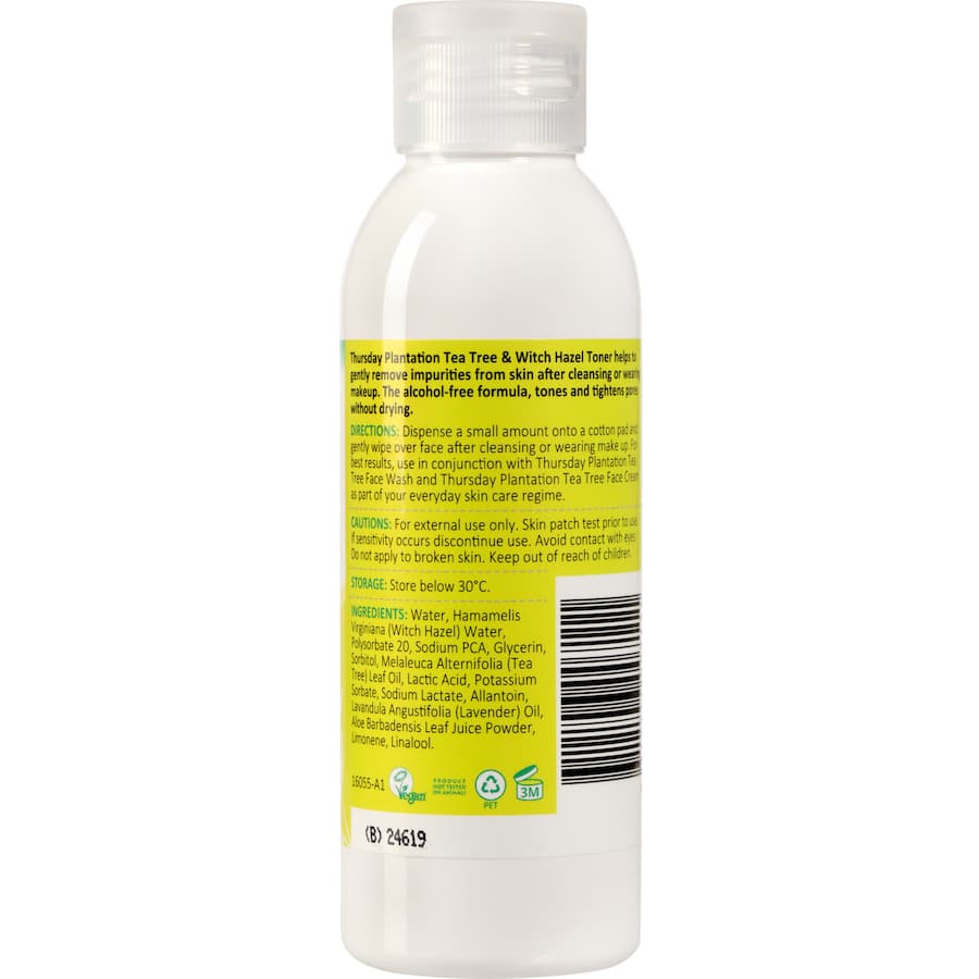 Thursday Plantation Tea Tree & Witch Hazel Toner: alcohol-free toner that gently purifies, tightens pores, ideal for all skin types.