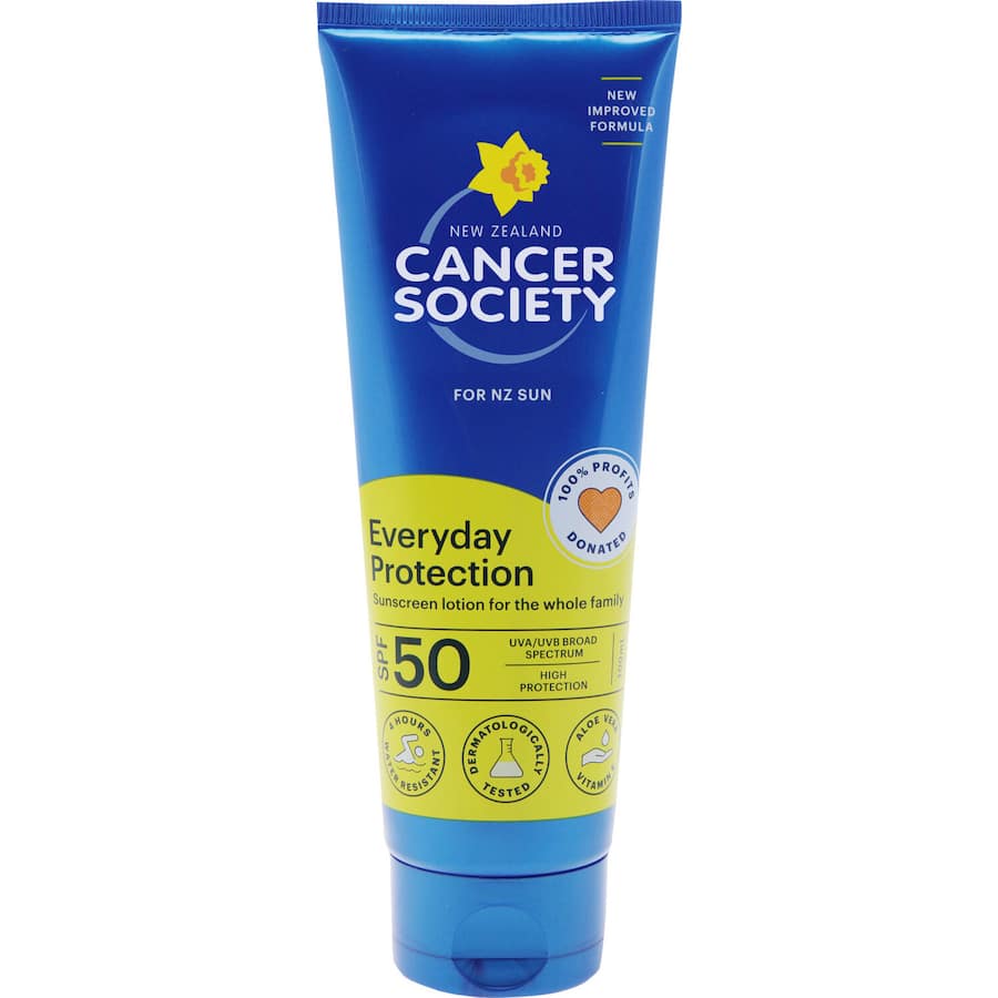 Cancer Society SPF50 sunscreen lotion, water-resistant, aloe vera infused, safe for family, supports cancer awareness.
