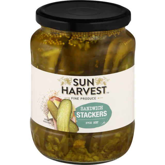 Crunchy Sun Harvest Gherkins Sandwich Stackers in zesty brine, perfect for enhancing sandwiches and burgers.