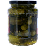 Whole gherkins in tangy vinegar, offering a crunchy texture and a balanced sweet and sour flavor for various dishes.