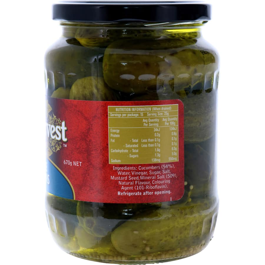 Crunchy Sun Harvest Gherkins Whole in tangy vinegar, offering a balanced sweet-sour flavor for snacks and dishes.