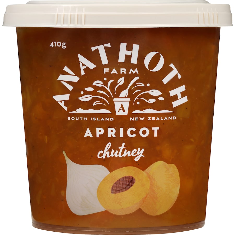 A jar of Anathoth Farm Chutney Apricot, showcasing its sweet and tangy flavor, perfect for enhancing various dishes.