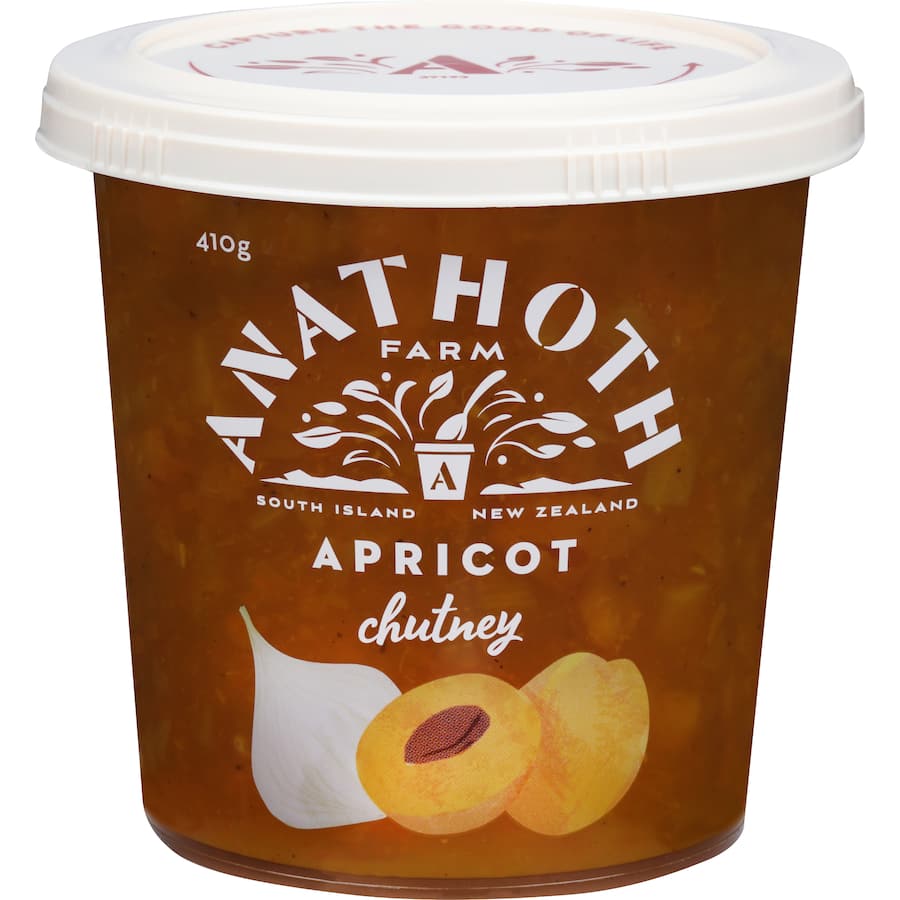 Anathoth Farm Apricot Chutney in a jar, featuring a sweet and tangy condiment perfect for enhancing various dishes.