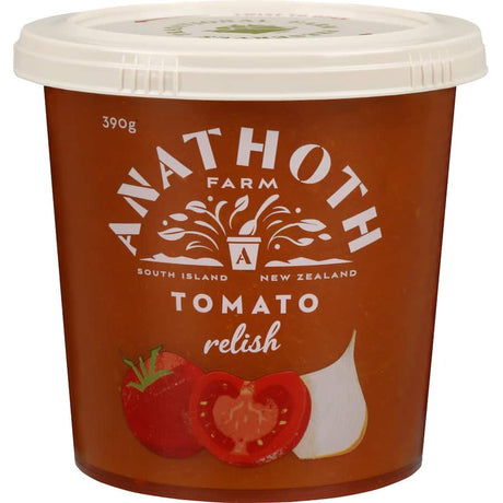 Handcrafted Anathoth Farm Tomato Relish made with ripe tomatoes, ideal for enhancing burgers and sandwiches.